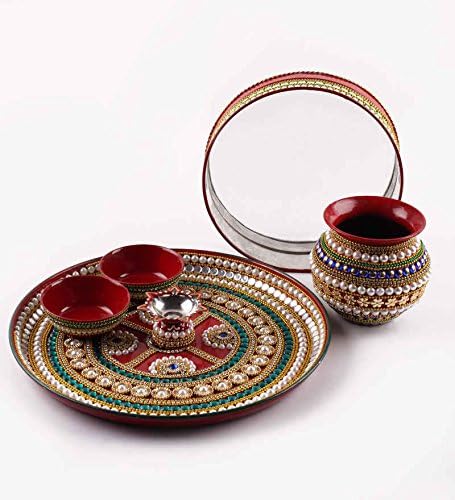 Itiha Pearl & Stones studed Karwachauth/Karvachauth Indian Truction Decorative Pooja Thali Прекрасен етнички подарок/Канкавати/Индиски