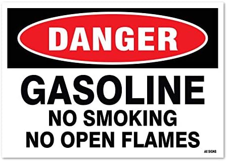 Опасност: бензин без пушење без отворен пламен, 7 високи x 10 широк, црно/црвено на бела, налепница за само лепило винил, внатрешна и надворешна