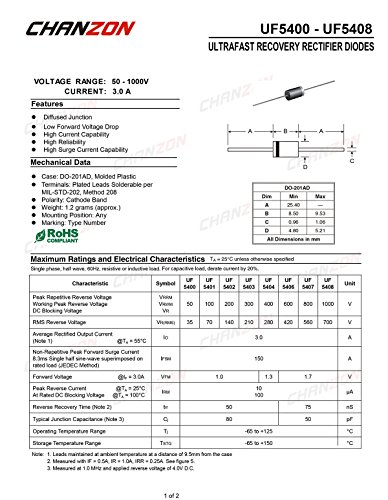 Chanzon UF5402 Ultra Fast Recovery Rectifier Diode 3A 200V 50-75NS DO-2010 Axial 3 Amp 200 Volt Electronic Diodes