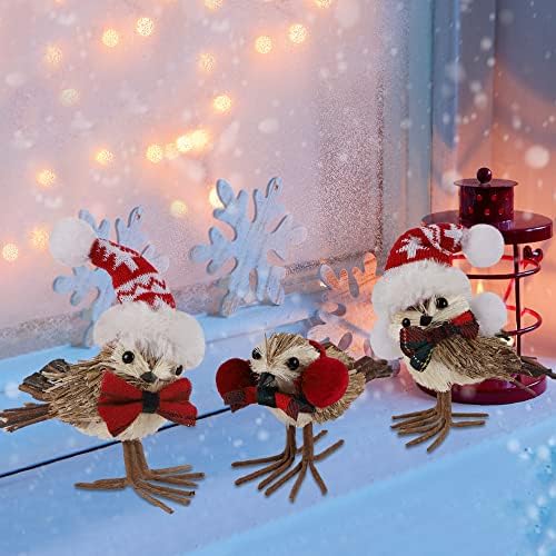 Sancodee сет од 3 Божиќни птици Табела Топ украси, фигурини за птици за Божиќ со плишани капа, црвена птица Божиќ украси таблети