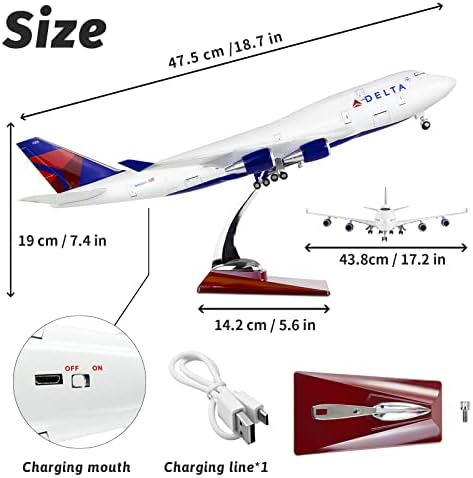 Lose Fun Park 1: 130 Scale Голем модел на авиони Делта Боинг 747 со LED светло и 1: 300 Делта модел за собирање или подарок