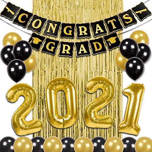 Кортес 2021 комплет за украси за дипломирање, 40 инчи 2021 број балони, црни и златни честитки за гратчиња, злато фолија од