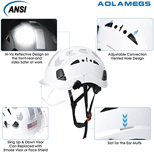 АОЛАМЕГС ЗАШТИТА БЕЗБЕДНОСТ ХАРТ ХАТ - ANSI Z89.1 Одобрени безбедносни шлемови со визии и уши мафици лесни рефлексивни вентилирани апс тврди
