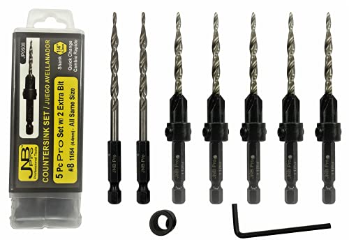 JNB PRO Wood Countersink Dript Bit Set - 5 компјутерски прилагодлив бројач на броеви 8 со иста големина - 2 дополнителни 11/64