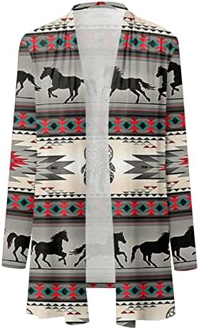 Лесен кардиган за жени Ацтек Печати Отворен предна обвивка за надворешна облека Обична кошула со долги ракави прикриени џемпери