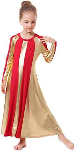 Девојки металик литургиски пофалби танцувачки фустан bellвонче, долг ракав блок во боја, лирски танцувачка облека за деца, богослужба