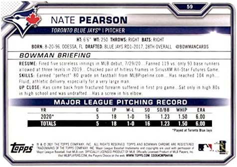 2021 Bowman 59 Nate Pearson RC Rackie Toronto Blue Jays MLB Baseball Trading Card