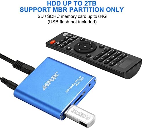 HDMI Media Player со оригинални AV кабли, Blue Mini 1080p Full-HD Ultra HDMI Digital Media Player за -MKV/RM- HDD USB дискови и SD картички