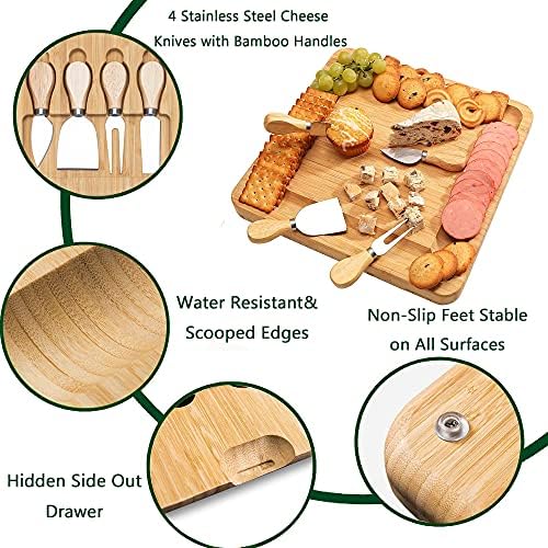 Wisdture Bamboo Cheese Board и комплет за ножеви, голема табла за charcuterie погодна за услуга за сирење, табла за сирење за Божиќна