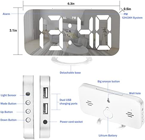 У-изберете Дигитален Будилник, 6.6 ГОЛЕМ ОГЛЕДАЛЕН LED Часовник СО Двојни USB Приклучоци За Полнач | Лесна Функција За Одложување | 3 Прилагодлива