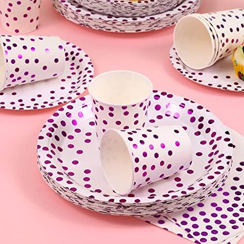 Gudvilla Purple Dot Party снабдува бели и виолетови хартиени плочи и салфетки за еднократна употреба виолетова вечера поставена