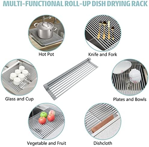 Attsil Roll Up Rack Rack, мултифункционално превртување над решетката за мијалник, преклопен силиконски завиткан од челик за одвод за шалтер