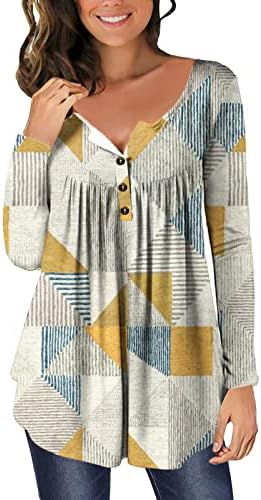 Womenенски плетенка Хенли врвови со долг ракав симпатична есенска селска блуза облечена проточна маица копче нагоре скриен