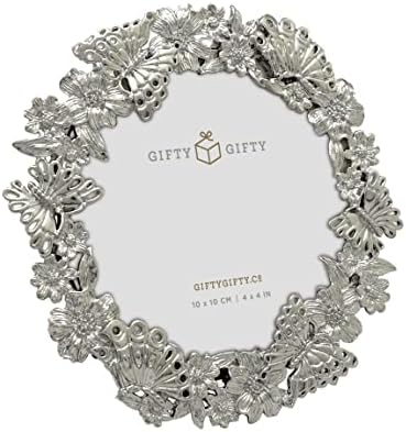 Gifty Gifty Circular Silver Silver Dancing Butterfly Photo Frame / 4x4 во | За вертикален приказ на таблети | Совршен за домашен