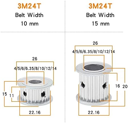 Axwerb Professional 2 PCS 3M-24T Пулници за ремени, Bore 4/5/6/6/6.35/8/10/12/12/11/14 mm Алуминиумска макара тркала AF форма за ширина