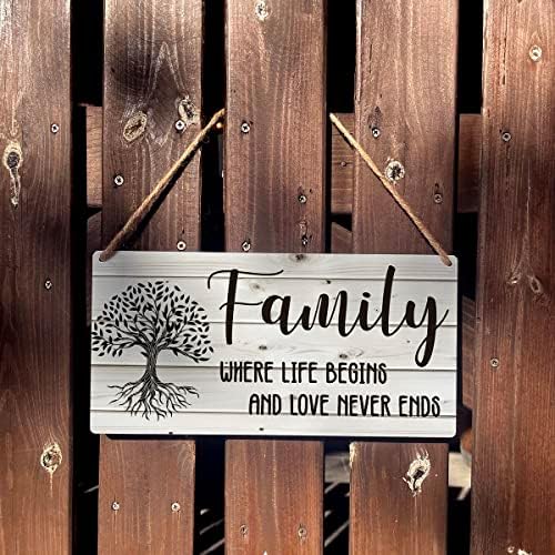 Семејство каде започнува животот и loveубовта никогаш не завршува знак подарок фарма куќа семејство дрвена висечка знак плакета рустикална wallидна уметност декор за