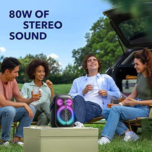 SoundCore Anker Rave Neo 2 Преносен звучник со 80W стерео звук, Partycast 2.0, светло шоу, IPX7 водоотпорен 18H Playtime, прилагодлив EQ