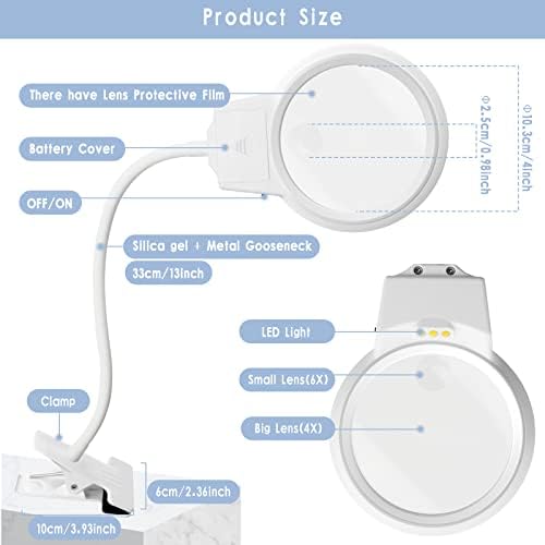 LED LED LED лупа за алатки за сликање со дијаманти, LED светло 4x & 6x Sagnifier со клип и флексибилен врат за 5D дијамантски