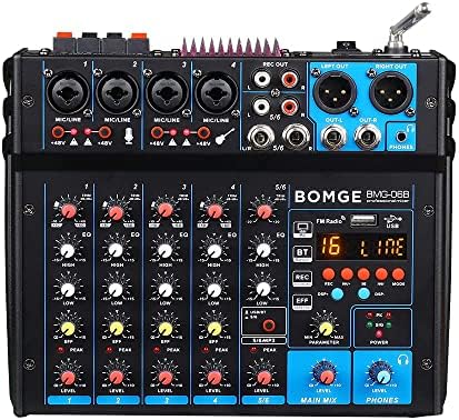 Засилувач за аудио звук на звук на Bomge 6 канали DJ, 100 W стерео звучникот на звучникот Домашни аудио приемници, 48V Phantom Power, USB,