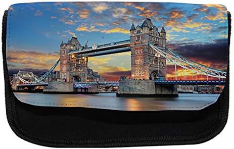 Необичен случај на молив во Лондон, Драматично зајдисонце на мостот Кула, торба со молив со ткаенини со двоен патент, 8,5 x 5,5, бледо сино