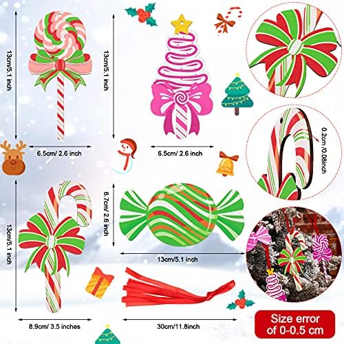 24 парчиња украси за новогодишни елки Поставете бонбони, пеперминт декор шарени дрвени бонбони трска тркалезна украси со јажиња со јажиња за украси