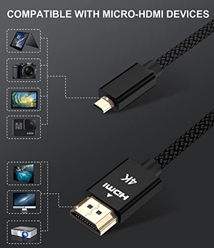 Елебаза Микро HDMI Кабел 6.6 FT, 4K 60Hz Микро HDMI Тип D Кабел Компатибилен За Малина Pi 4 4b, Gopro Црна Херој 7 6 5 4, Sony Камера