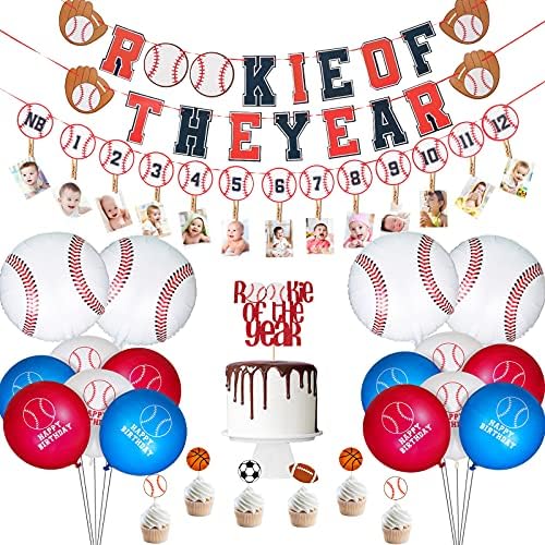 25 Парчиња Материјали За Бејзбол Роденден Вклучуваат Дебитант На Годината Банер и Топер За Кекси Прва Година Фото Банер Балони Од Бејзбол