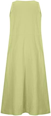 Женски памук и постелнина фустан плус големина на резервоарот без ракави цврсти обични лабави макси долги текови фустани со џебови