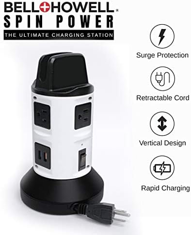 Спин напојување S/ 4 од Bell+Howell Power Strip Tower W/ Surge Protector Electric Charging Station USB Outleder Extender Power