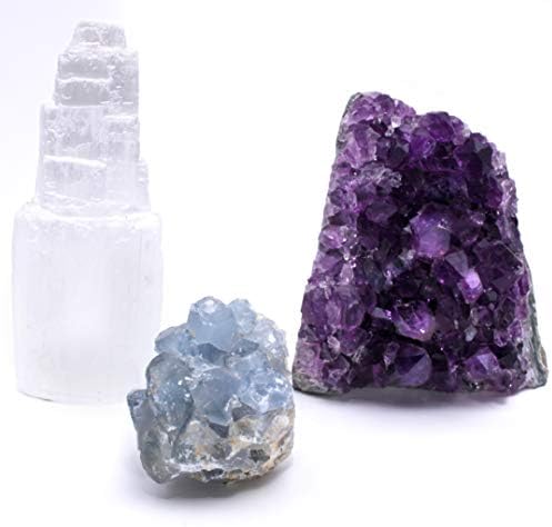 Танцувачка мечка Аметист Кластер исечена база, Celestite, & Selenite кула, лекување на кристал премиум одделение А, боемски домашен декор, природни добри вибрации, метафизич