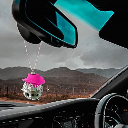 Spanse Pink Disco Ball Car Acpory, Disco Ball Car Mirror Ornament, Disco Ball Cowboy Hat Car Acpory, Car Disco Ball, Disco Carm Charm,