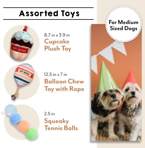 Десет акри подароци кучиња играчки и сет за подароци за лекување, кучиња роденденски пакет вклучува коски со третман на ванила, 3 -тина тениски