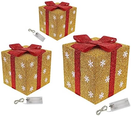 LED осветлени кутии за подароци Божиќни украси, транспарентни осветлени кутии со лак, украси за кутии за подароци за Божиќ, 3 големина на мали/средни/големи