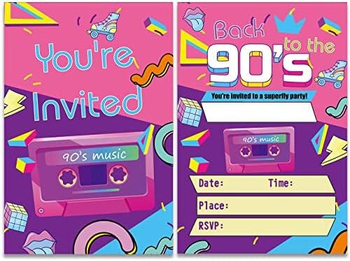 Покани за забави од 90-тите години Пополнете сет од 20 со коверти назад на забавата во 90-тите покани картички за декорација за роденденски материјали, двострана
