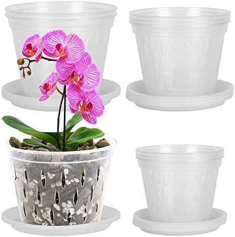 Орхидеи тенџере, 9 пакувања садови со орхидеи со дупки и чинии, 3 секој од 4,3, 4,9 и 5,5 инчи чисти садови за орхидеи за репотент, пластично цвеќе од садови за цвеќе, затво?
