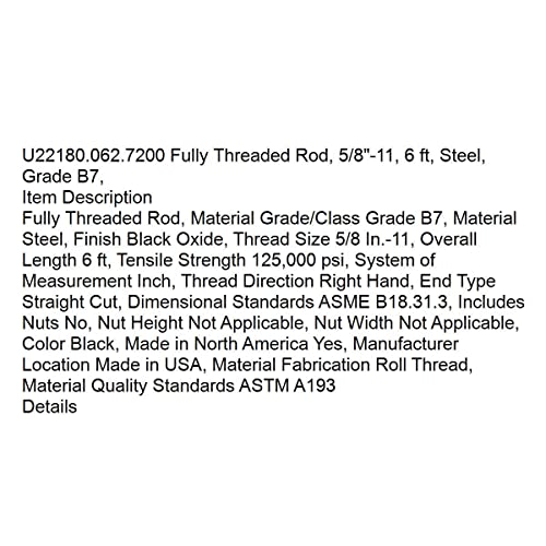 За вас - U22180.062.7200 целосно навојна шипка, 5/8 -11, 6 стапки, челик, одделение Б7,