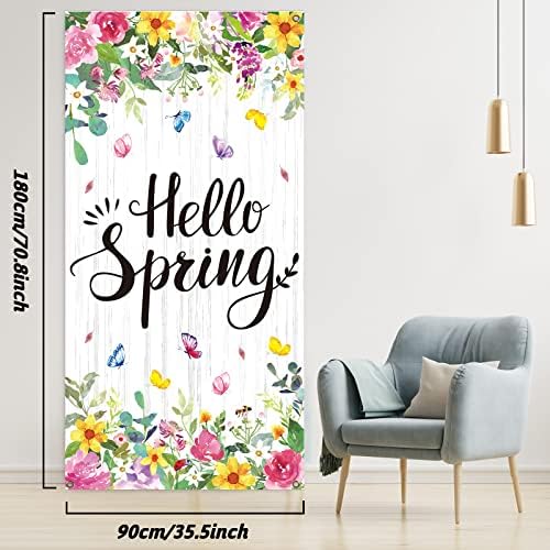 Здраво пролет добредојде на вратата на вратата за пролетни цветни забави украси Шарена пролетна пеперутка позадина голема банер на влезната врата позадина за вел?