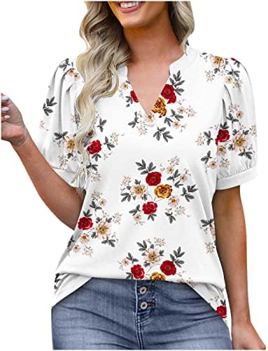 Женски цветни печатени врвови летни маички со маички со врат од маица со меурчиња, лабава кратка ракав Туника врв