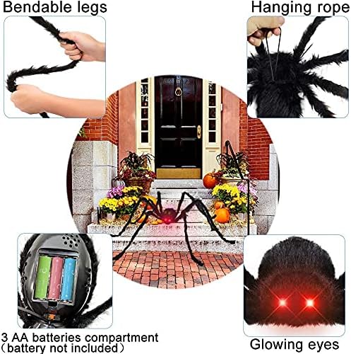 Декорации за Ноќта на вештерките на отворено 49 ”голем пајак со LED очи плашлив звук, 16 -ти гигант триаголен пајак веб 20g истегнување