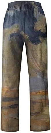Машки обични памучни постелнини панталони за мажи кои влечат еластична половината, отпечатени права плажа лабава јога панталони со џебови