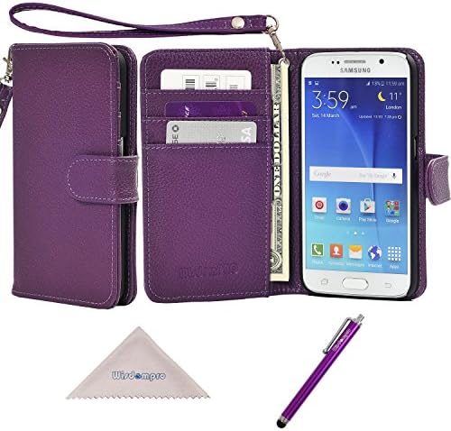 С6 Случај, Wisdompro Премиум Стп Кожа 2-во-1 Заштитни Фолио Флип Паричник Случај Со Кредитна Картичка Носителот Слотови И Рачниот Зглоб За Samsung Galaxy S6-Виолетова