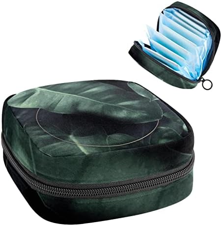 Торба за складирање за санитарни подлошки за салфетка, торбичка за менструална чаша, организатор на торби за периоди за женски тампони, тропски лисја зелени