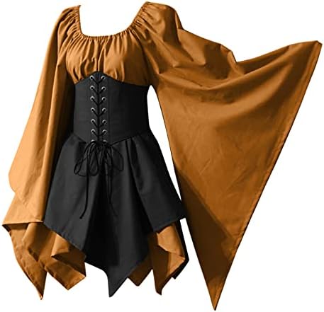 Ноќта на вештерките средновековен костум мини фустан за женски трубач ракав Ирска гроздобер кошула со корсет облека Секвен тиква од тиква од тиква