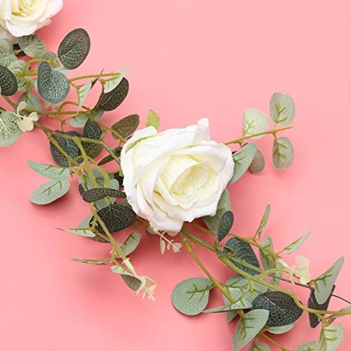 Викаски украси симулација ратан wallиден декор вештачки еукалиптус лист и бела роза украси што висат лоза венец
