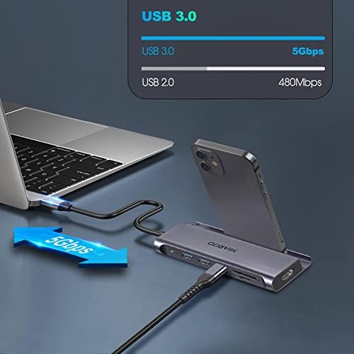 MIABOO 7 ВО 1 USB C Центар, USB - C Мултипорт Центар Со Телефонски Држач, 4K HDMI, USB 3.0 5gbps Податоци Порти, USB 2.0, Sd/TF Картичка