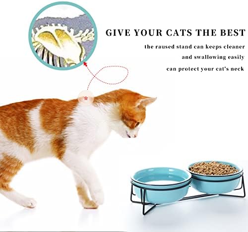ГДЦЗ керамика крена мачки чинии со кучиња со засилен метален штанд за храна за домашни миленици 15 унци, тиркизна