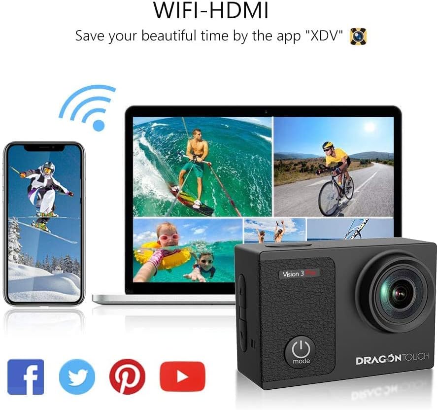 Dragon Touch 4K Подводна HD Action Camera, Vision 3 Pro Touch Screen 20MP 100FT Водоотпорен видео камера прилагодлив агол на преглед