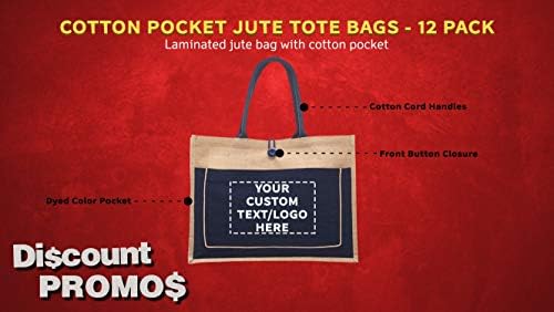 Торби од Јута Со Памучен Џеб - 12 пакувања - Прилагодлив Текст, Лого-Торби За Чанти За Намирници-Темносина Боја