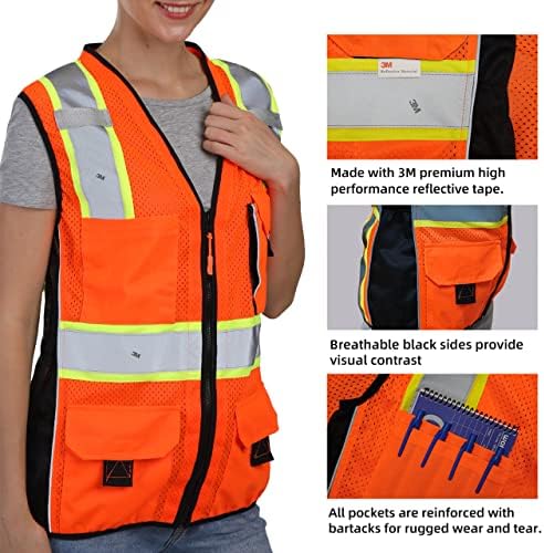 Безбедносен елек на DIB за жени со џебови, мрежен рефлексивен елек со голема видливост, ANSI Class 2 направена со 3М рефлексивна лента, портокалова и црна S