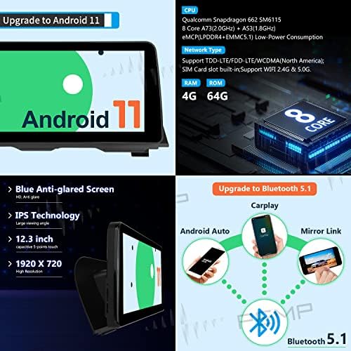 PEMP Android 11 Blue Анти-Отсјај за bmw f10/f11 Android 12.3 Екран, Snapdragon662 8core 4G+64GB Carplay android auto, за Bmw 5 Серија NBT